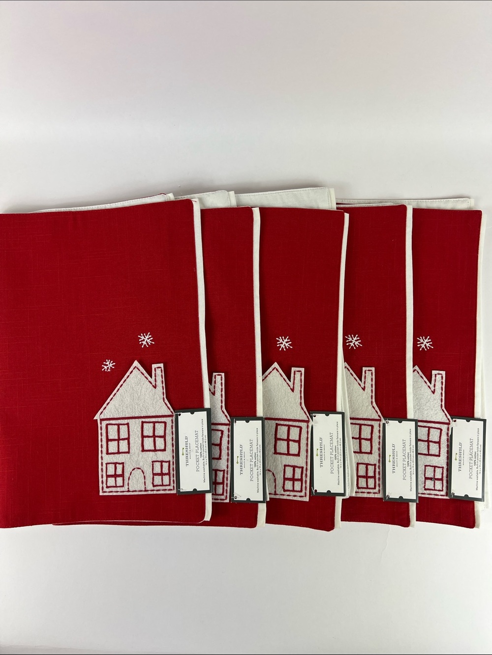 Threshold Red Holiday Placemat with Pocket White House 100% Cotton Set of 5 NEW